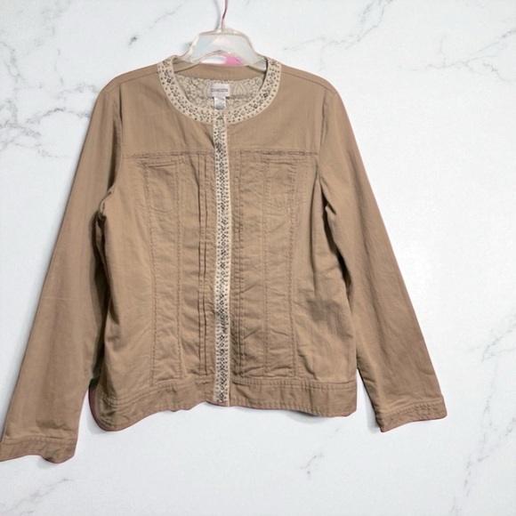 CHICO’S  Jacket Khaki with stitching details and Embellished Snap Front Size 2 - Picture 1 of 13